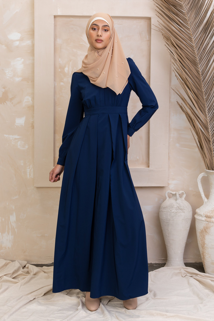 Navy Blue Lattice Abaya Maxi Dress with zipper closure for urban modesty and style