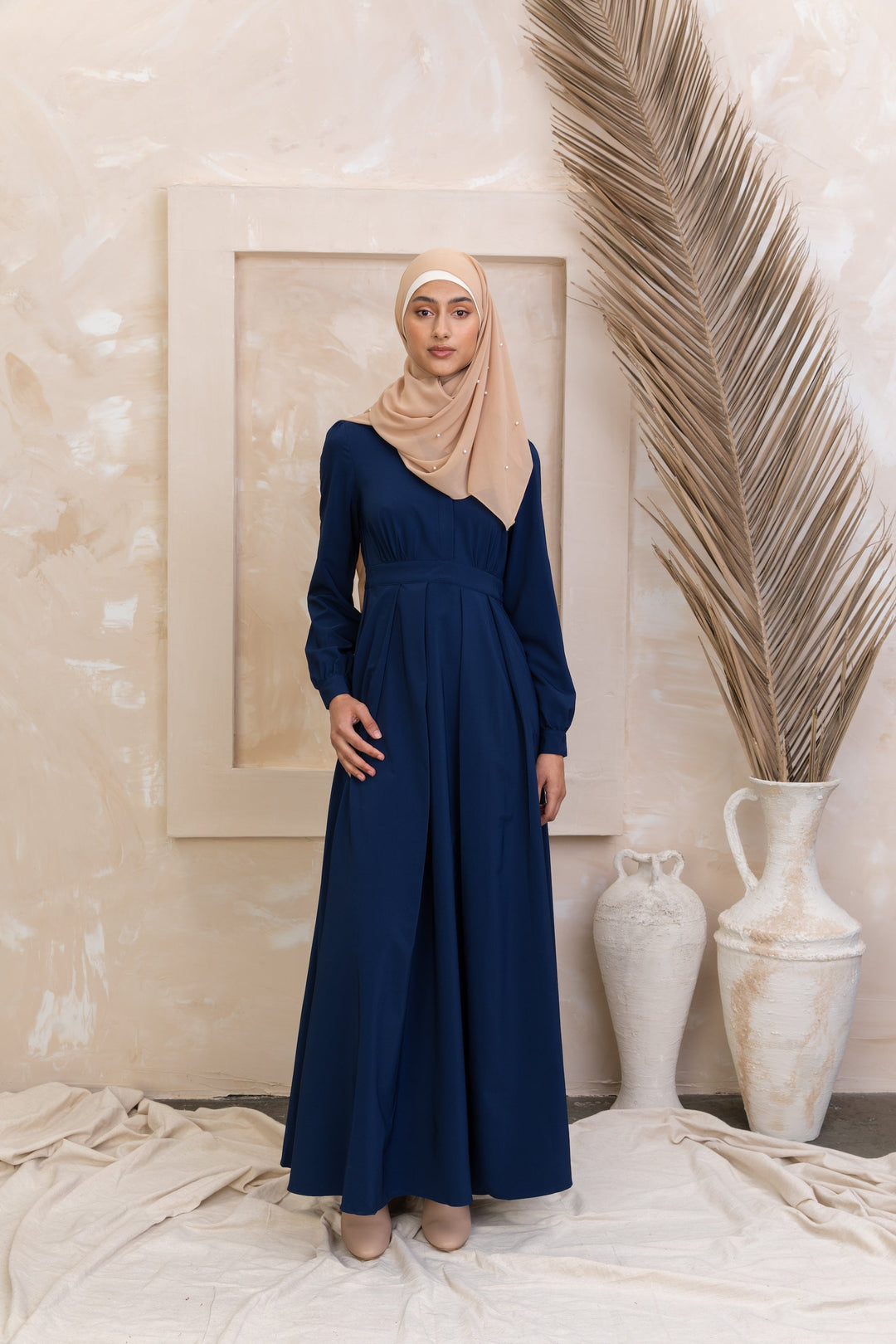 Navy Blue Lattice Abaya Maxi Dress with zipper closure for urban modesty and style