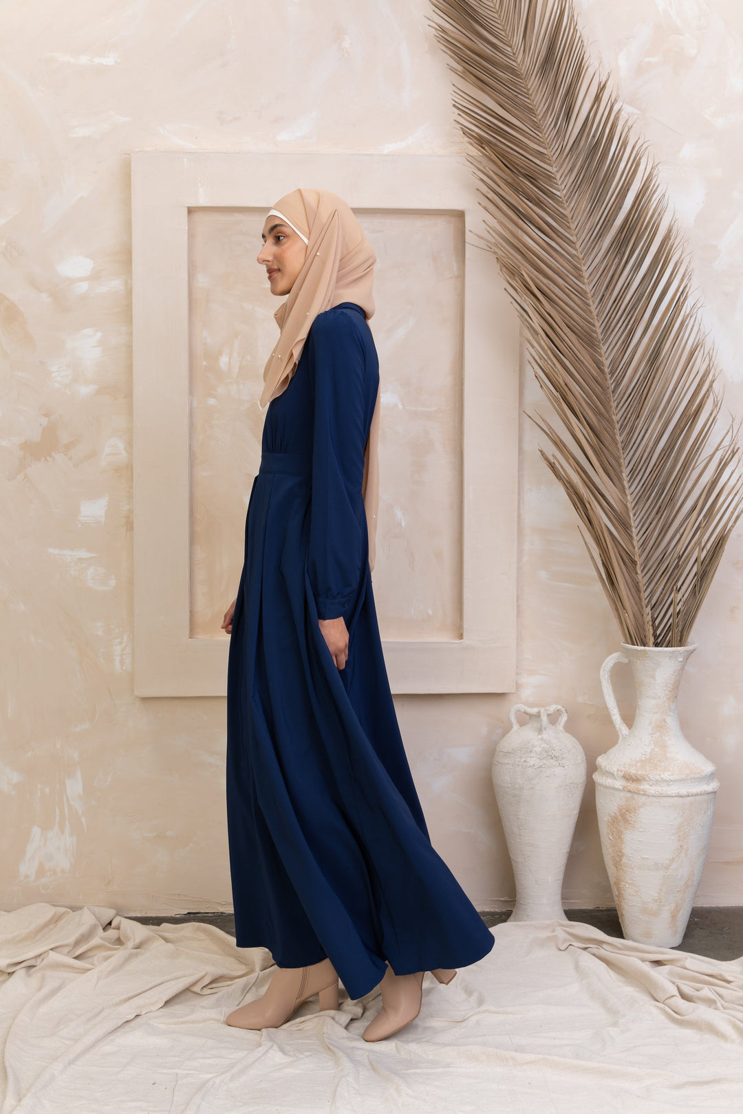 Navy Blue Lattice Abaya Maxi Dress featuring zipper closure for urban modesty style