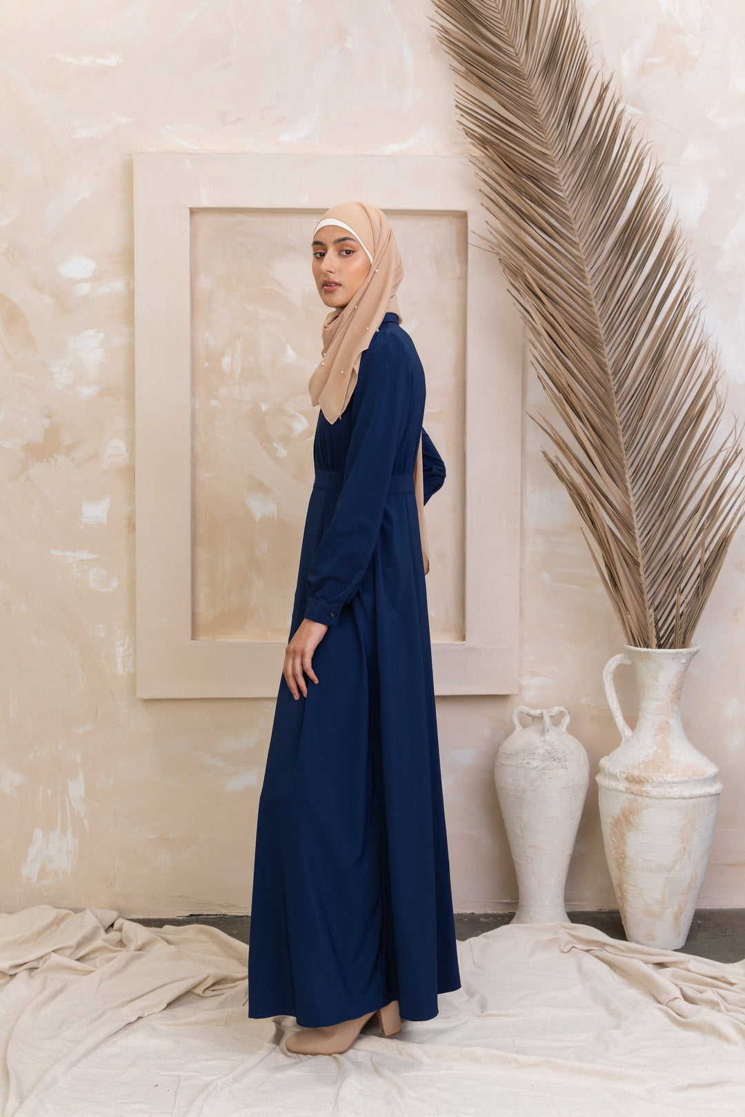 Navy Blue Lattice Abaya Maxi Dress featuring zipper closure for urban modesty style