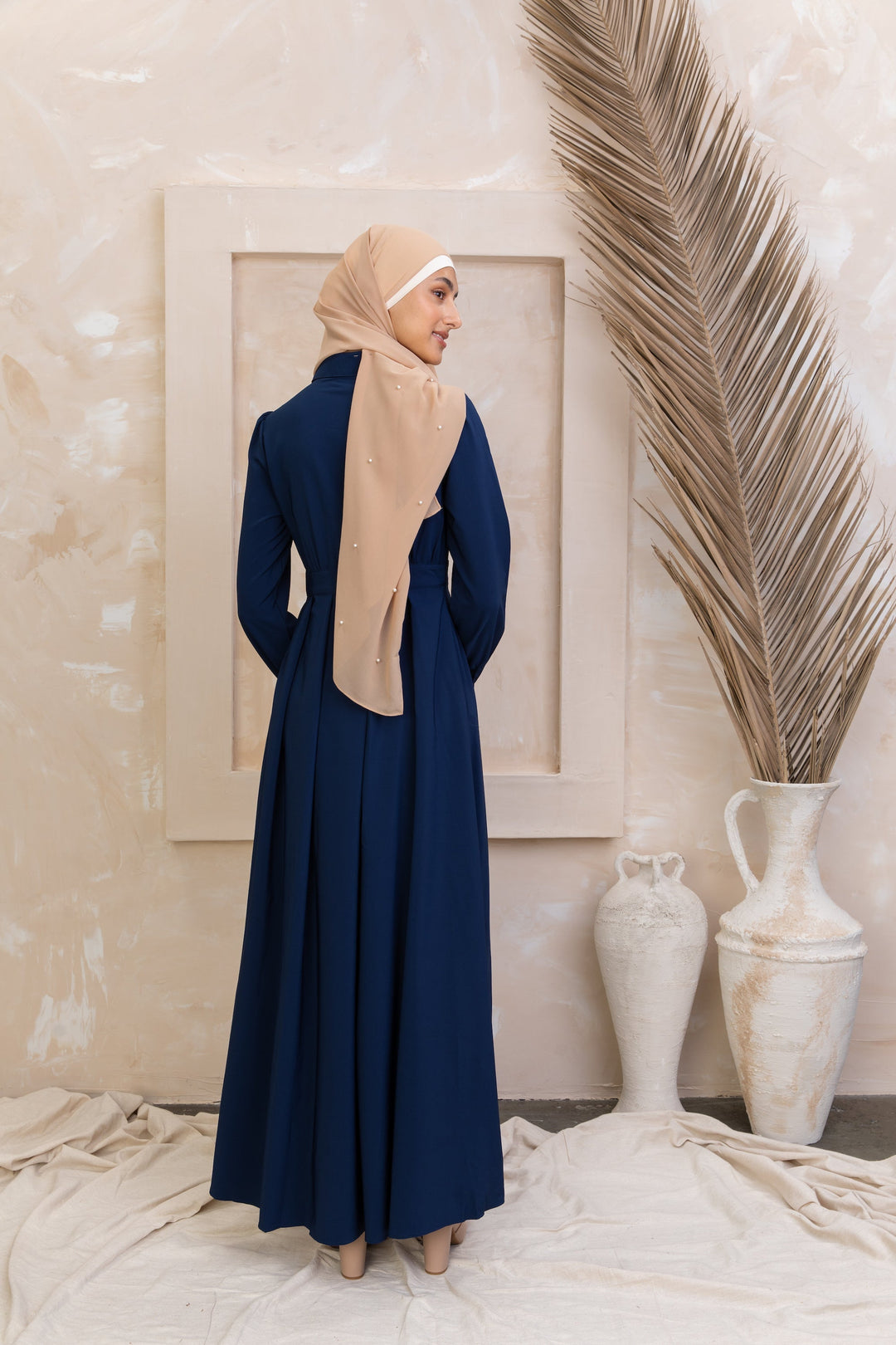 Navy Blue Lattice Abaya Maxi Dress with hijab, featuring zipper closure for urban modesty