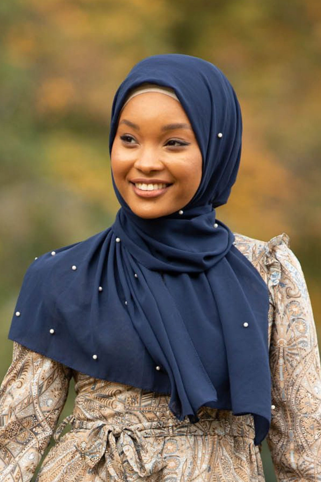 Navy Blue Pearl Chiffon Hijab featuring elegant pearl accents for stylish wear