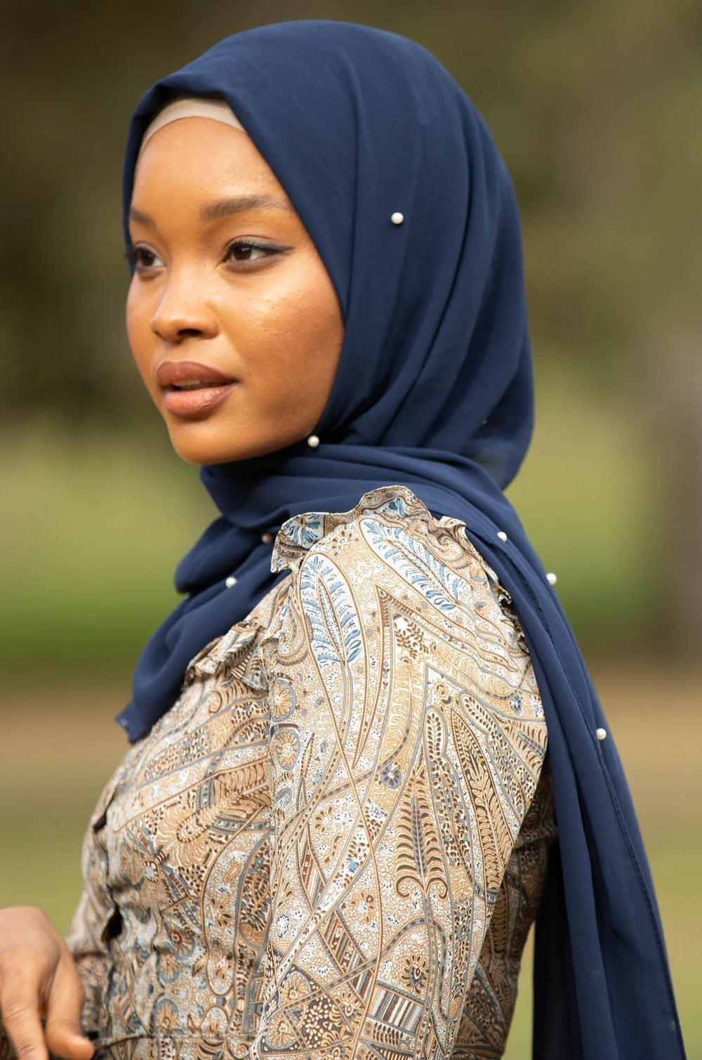 Navy Blue Pearl Chiffon Hijab featuring elegant pearl embellishments for a stylish look