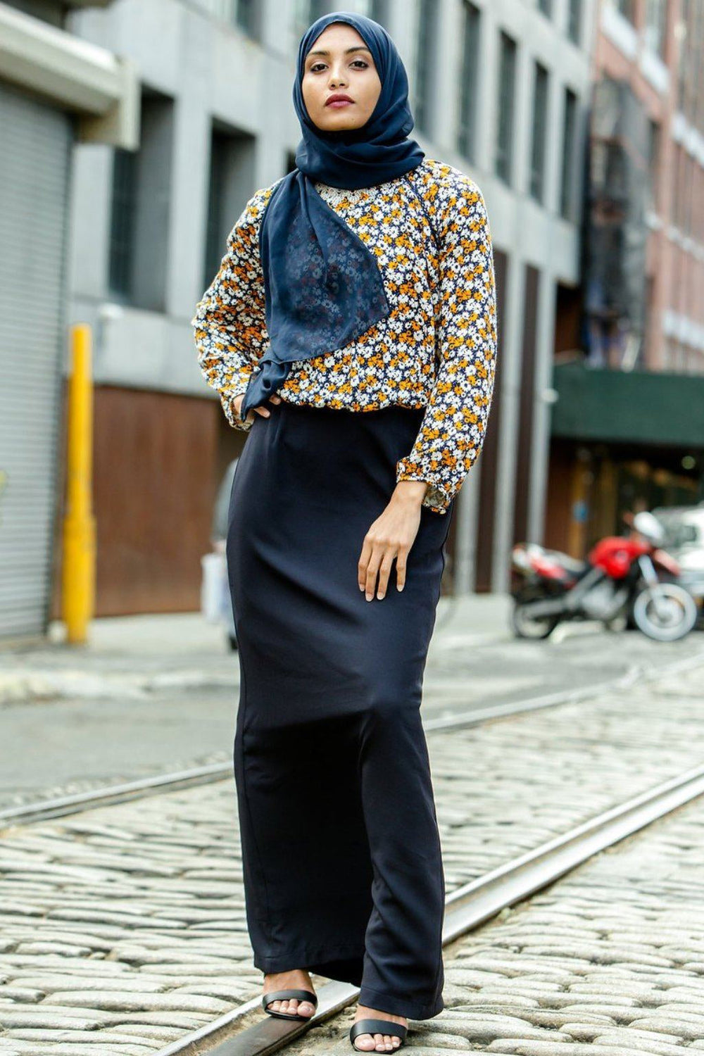 Modest floral blouse paired with Navy Blue Pencil Maxi Skirt on clearance sale