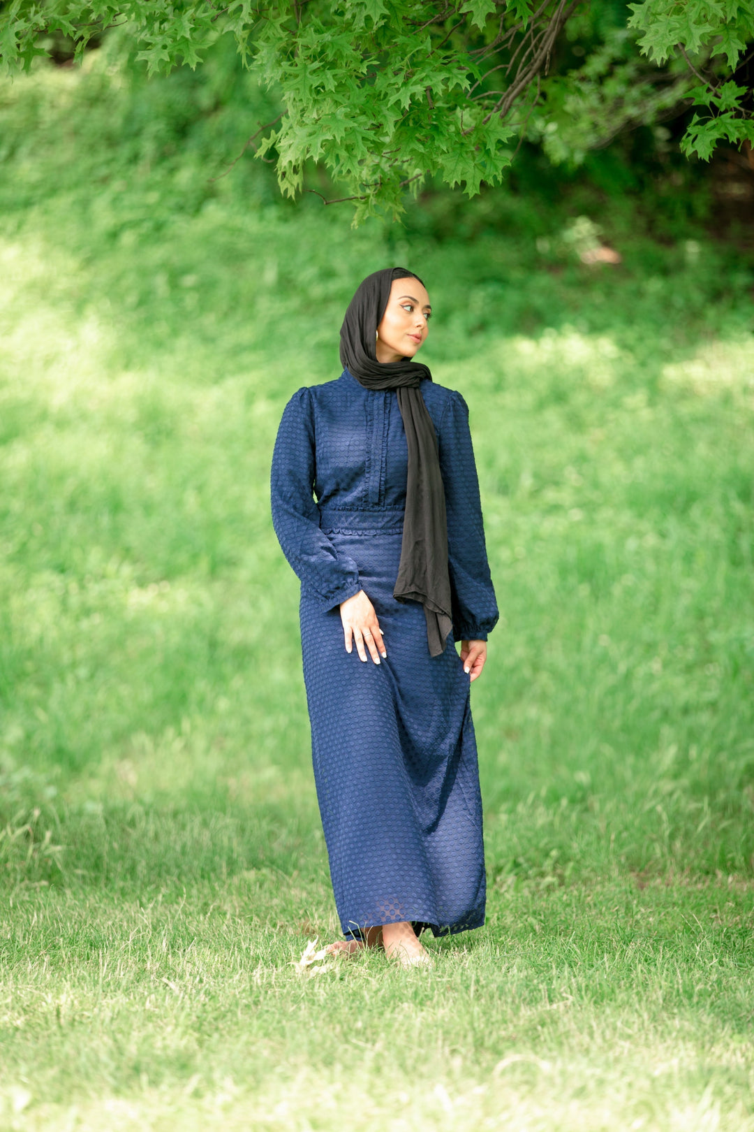 Navy blue textured polka dots long sleeve maxi dress with matching hijab