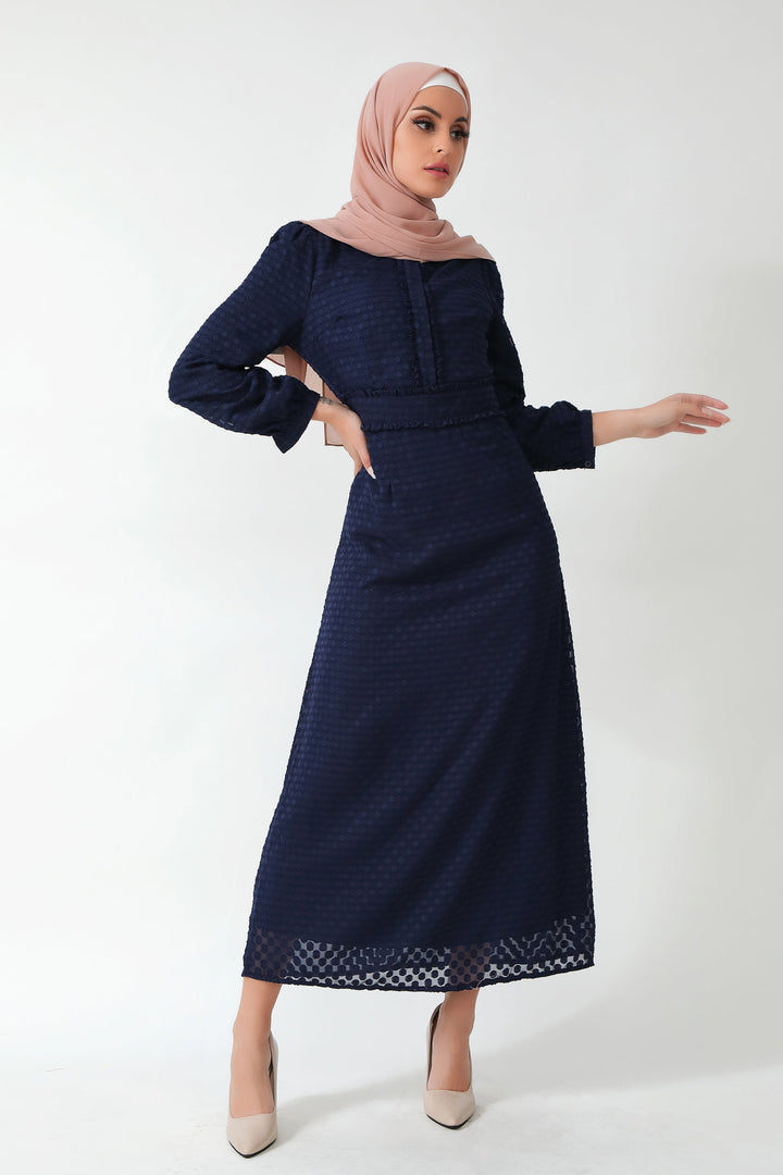 Navy blue textured polka dot long sleeve maxi dress with matching hijab