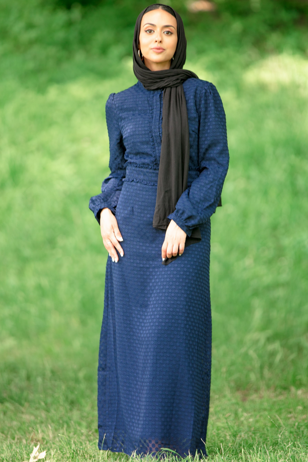 Navy Blue Textured Polka Dots Long Sleeve Maxi Dress with Black Hijab on model