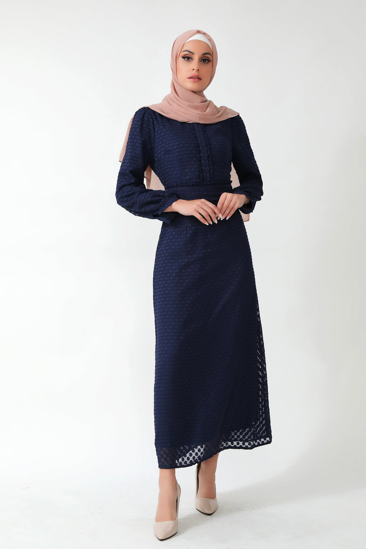 Navy Blue Textured Polka Dots Long Sleeve Maxi Dress for a modest and stylish look