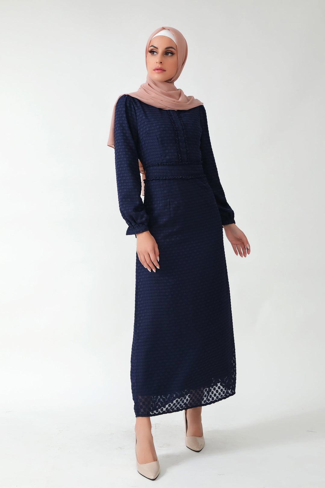 Navy Blue Textured Polka Dots Long Sleeve Maxi Dress for stylish modest fashion