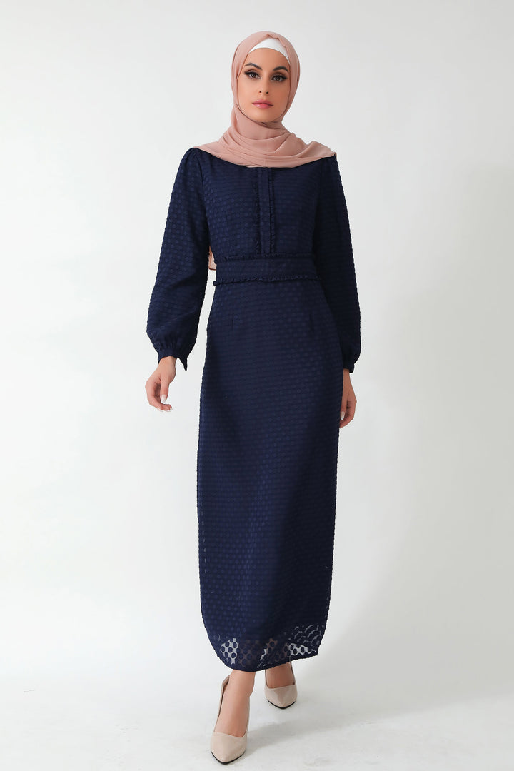 Navy blue textured polka dot long sleeve maxi dress for modest fashion