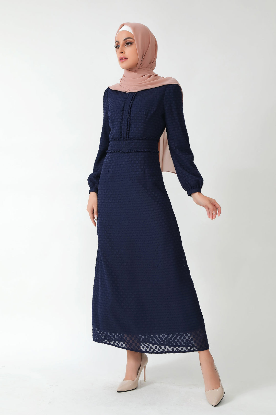 Navy blue textured polka dots long sleeve maxi dress with hijab for modest fashion