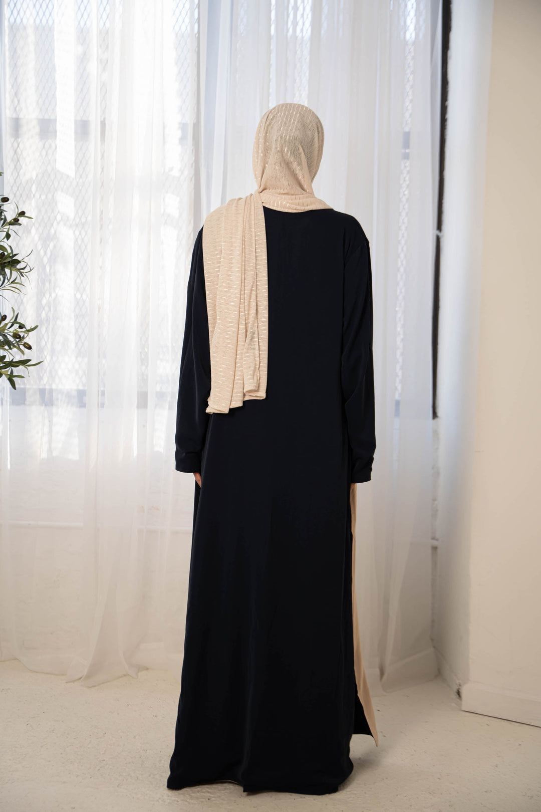 Black abaya with beige hijab from Navy/Cream Reversible Open Maxi Dress collection