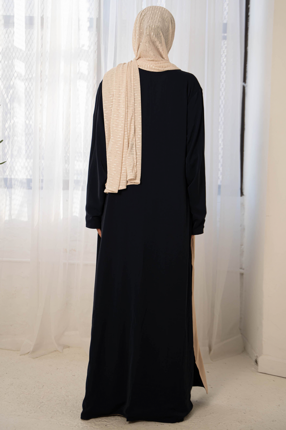 Black Reversible Open Abaya with Beige Hijab styled as maxi dress or maxi skirt