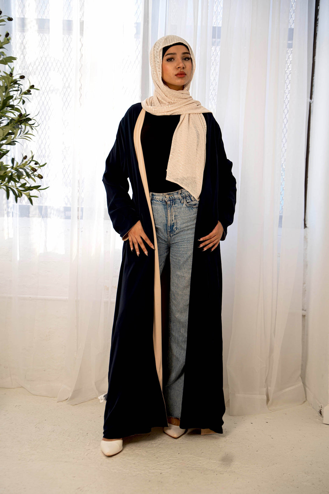 Woman in hijab wearing Navy/Cream Reversible Open Abaya, a stylish maxi dress alternative