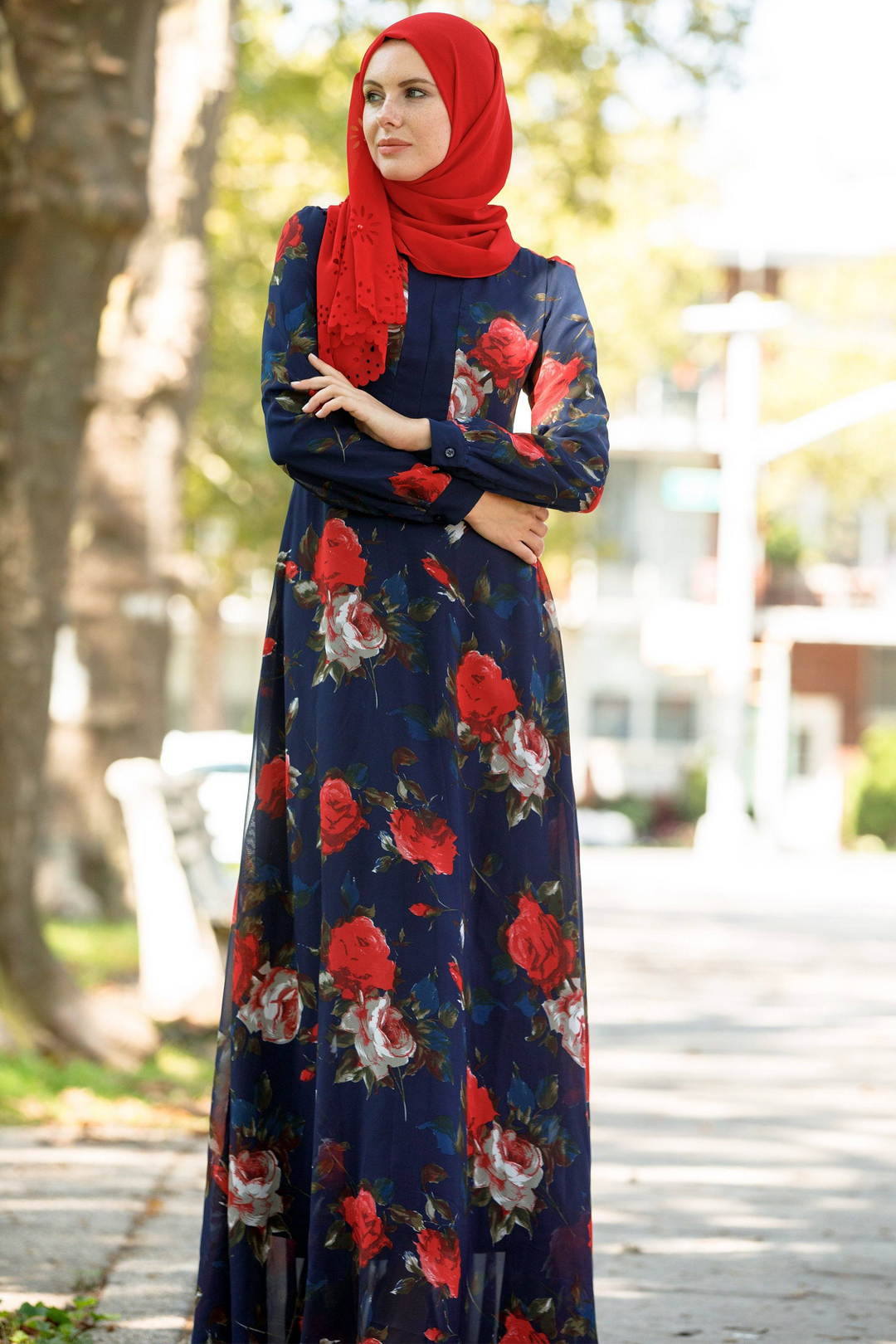 Floral print maxi dress with red hijab showcasing urban modesty and stylish modest clothing