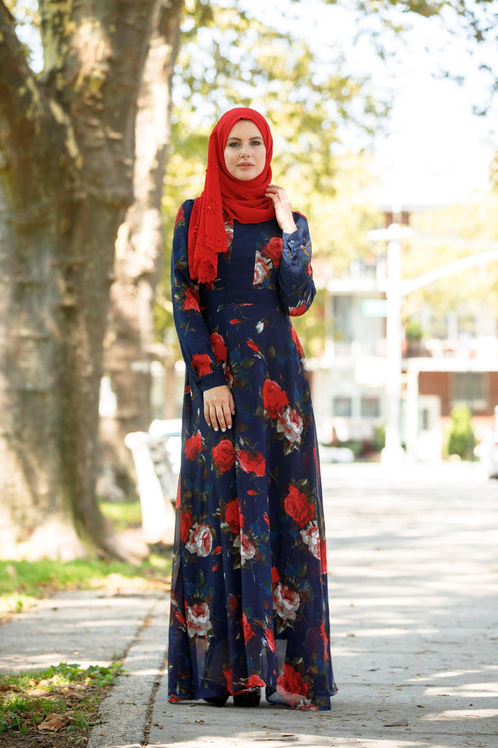 Floral print long-sleeved dress with red hijab for urban modesty and stylish modest clothing