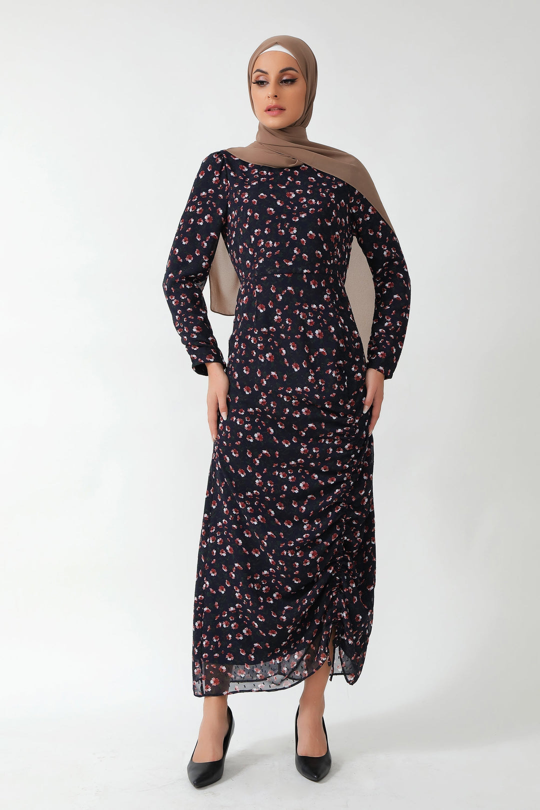 Floral print ruched maxi dress with hijab showcasing adjustable ruching details