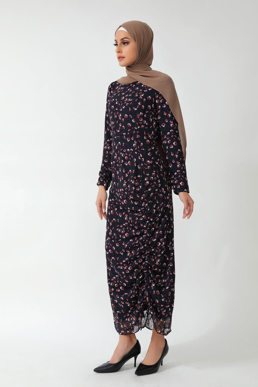 Floral print modest Navy Floral Ruched Maxi Dress with adjustable ruching and hijab