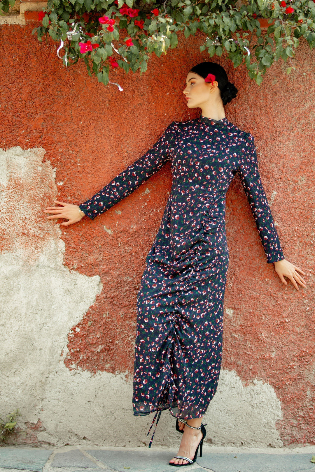 Navy Floral Ruched Maxi Dress featuring adjustable ruching and a beautiful floral print