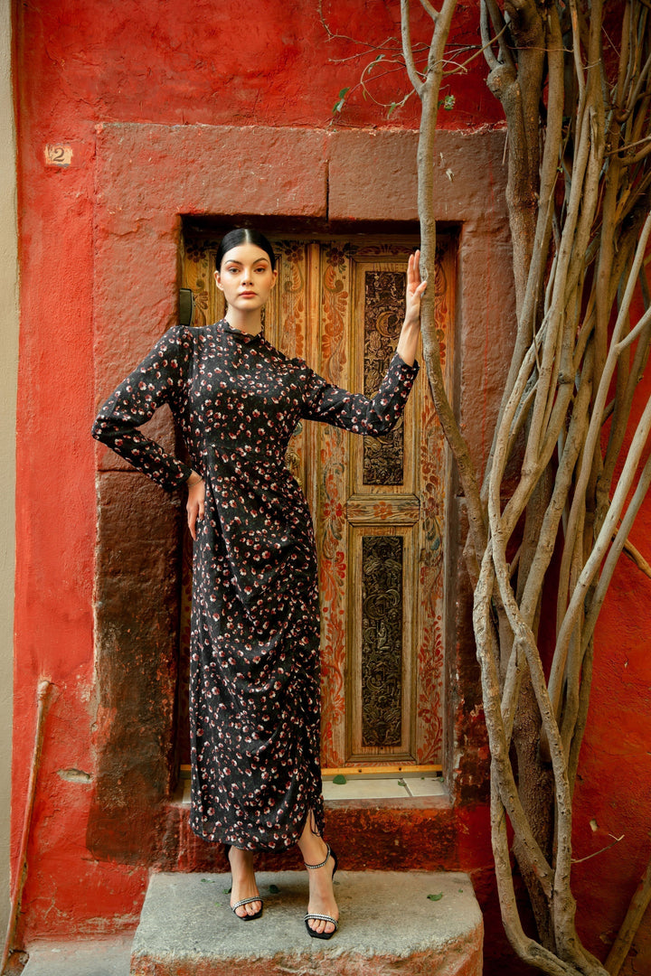 Elegant Navy Floral Ruched Maxi Dress featuring adjustable ruching and a beautiful floral print