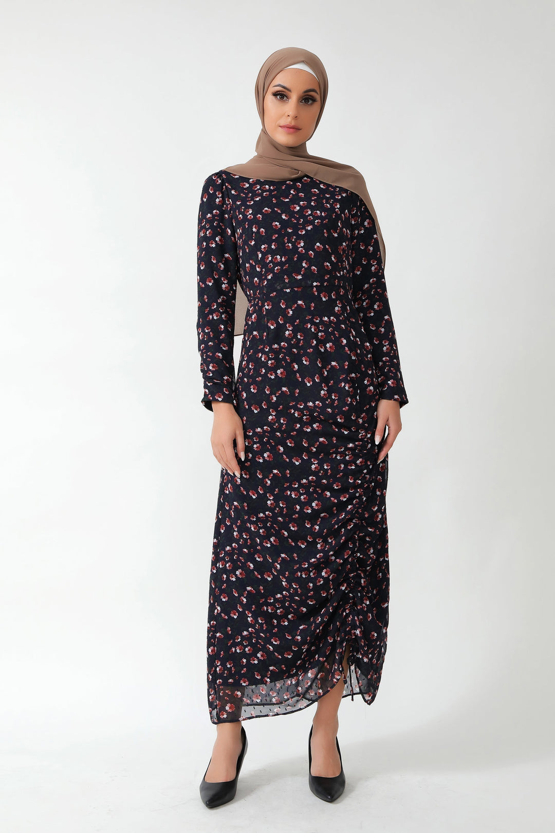 Navy Floral Ruched Maxi Dress featuring adjustable ruching and hijab for modest style