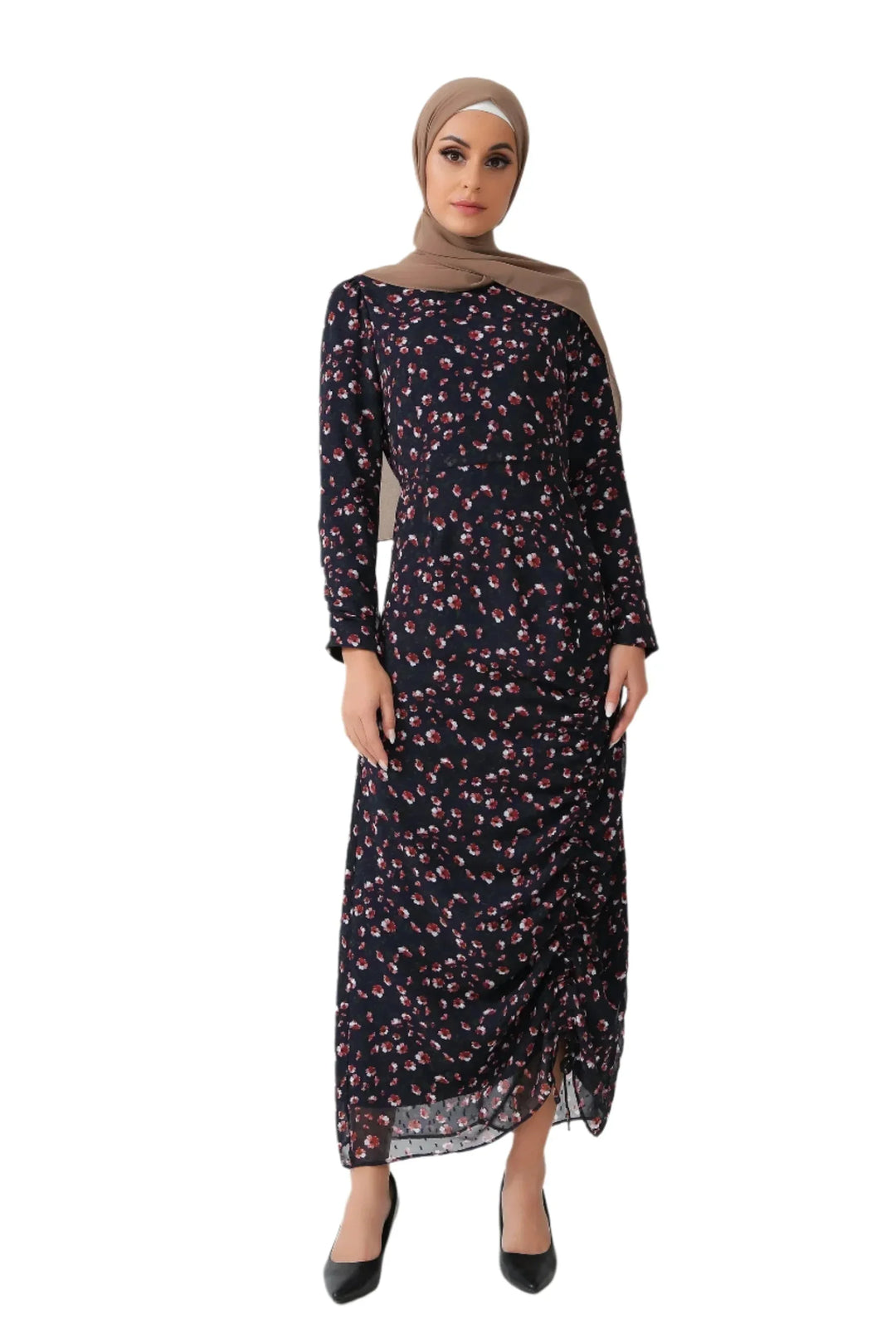 Woman wearing Navy Floral Ruched Maxi Dress with adjustable ruching and hijab