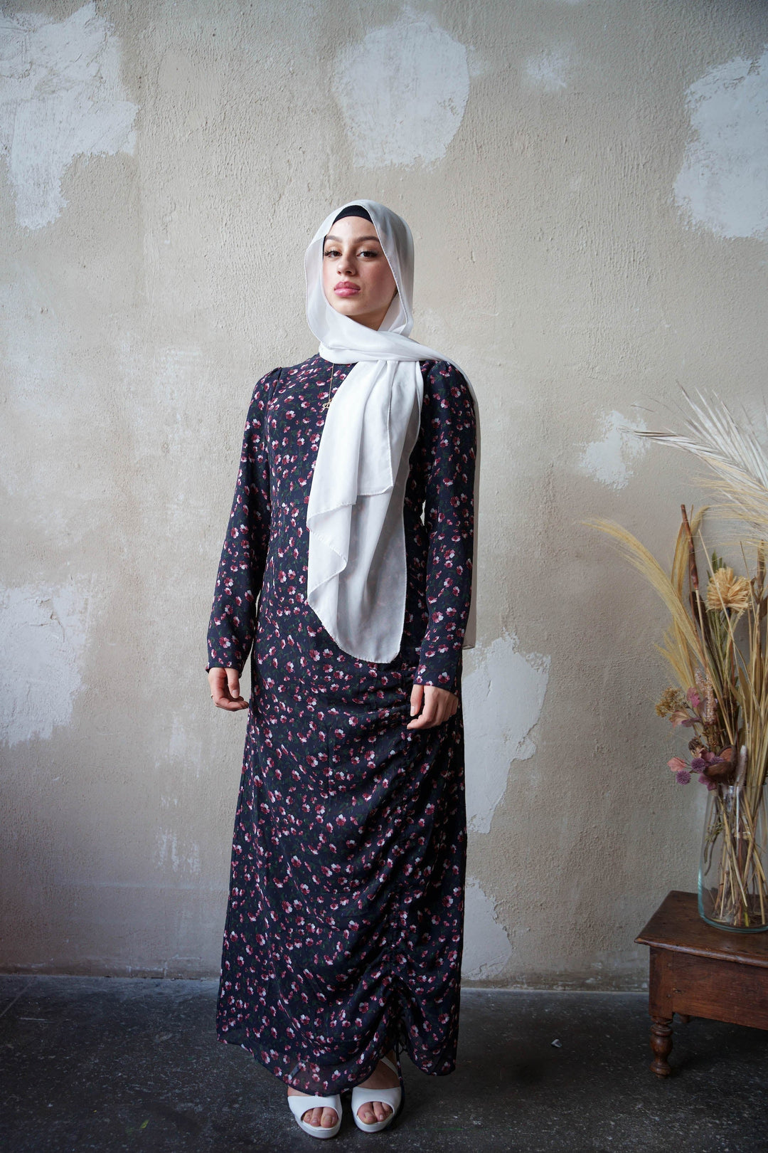 Navy Floral Ruched Maxi Dress with hijab featuring adjustable ruching detail