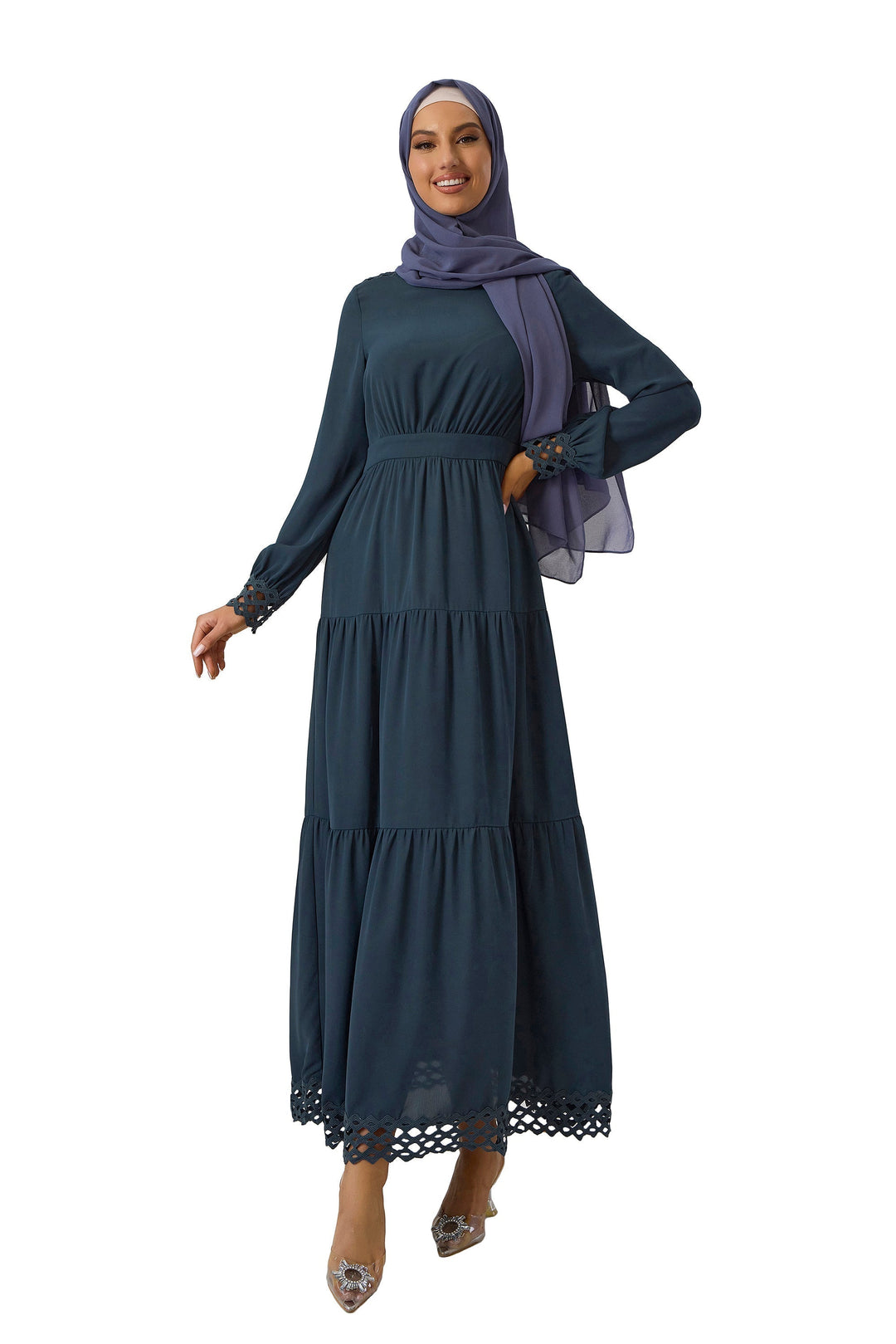 Woman in a Navy Lace Tiered Maxi Dress with hijab showcasing elegant style