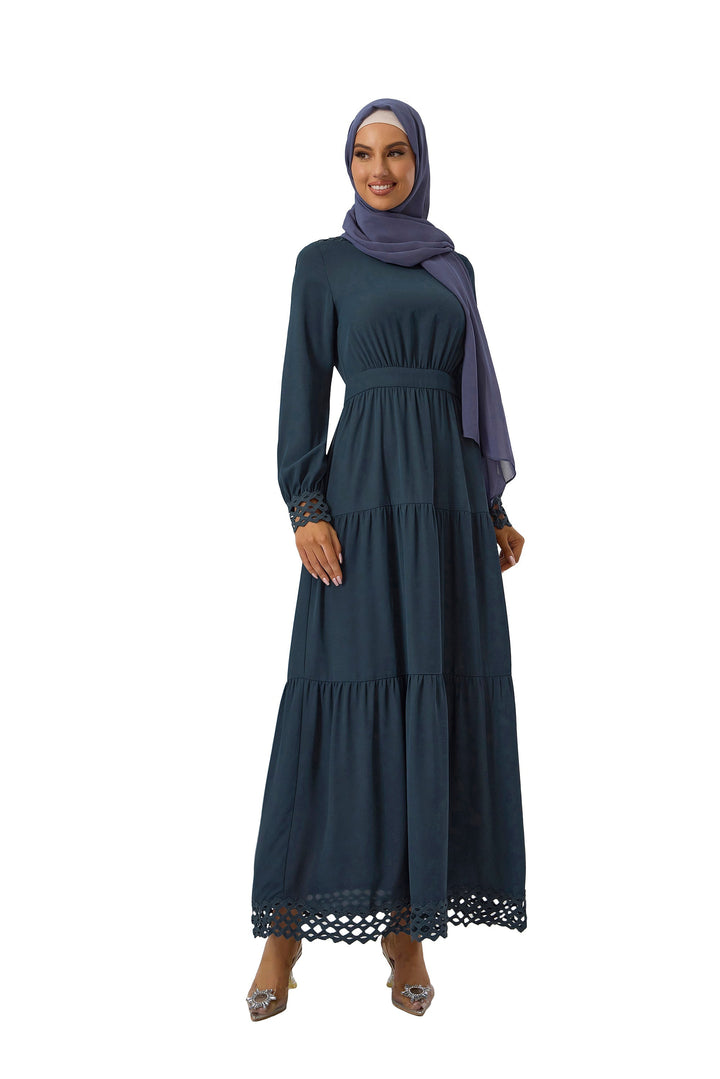 Elegant teal lace tiered maxi dress with hijab, perfect for stylish occasions