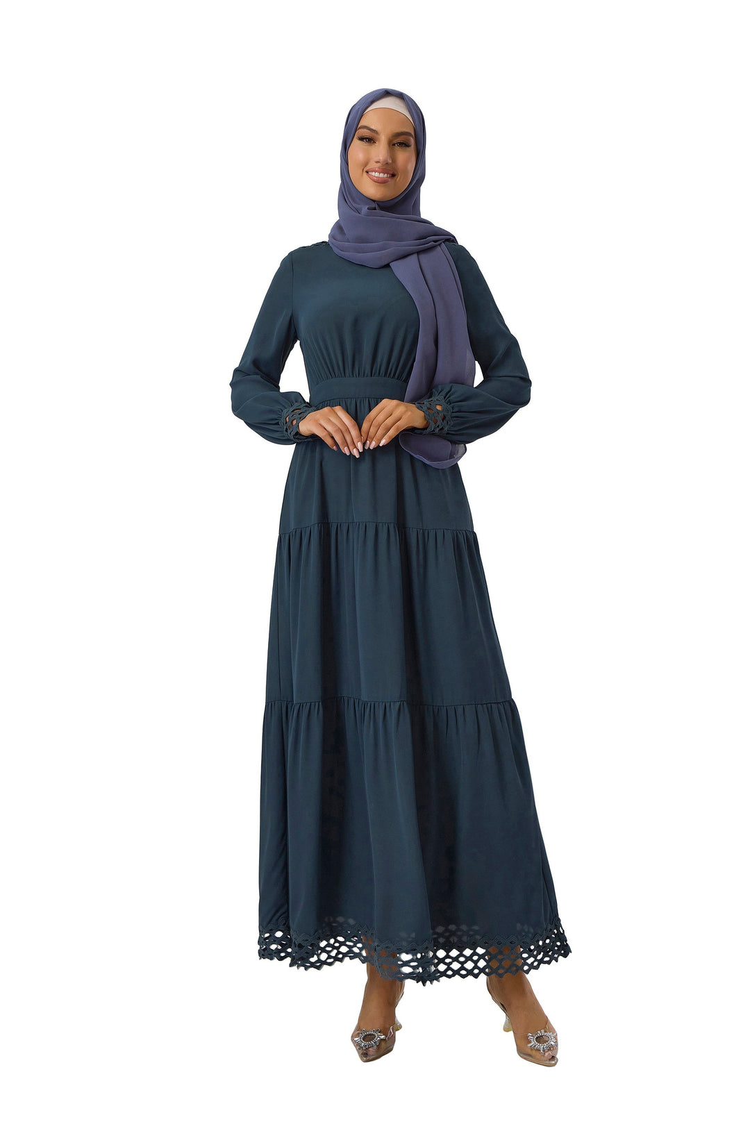 Woman in a teal tiered maxi dress and hijab showcasing Navy Lace Tiered Maxi style