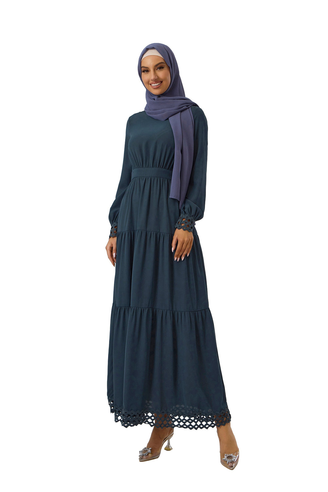 Woman in Navy Lace Tiered Maxi Dress with hijab and long sleeves, elegant style