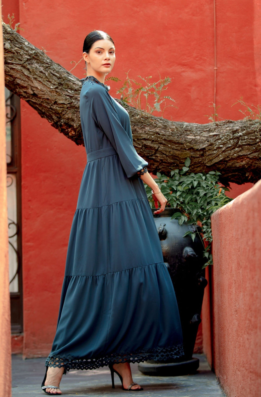 Navy Lace Tiered Maxi Dress featuring a stylish tiered design and half turtle neckline