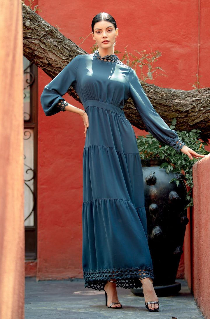 Long-sleeved teal lace tiered maxi dress perfect for any occasion