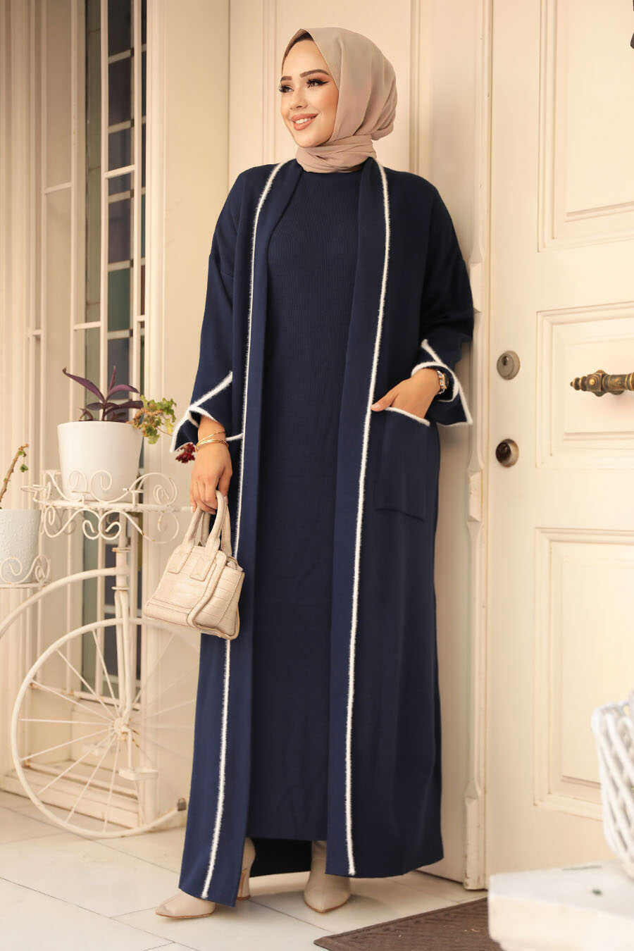 Navy Sweater Dress Abaya Set - One Size S-XL