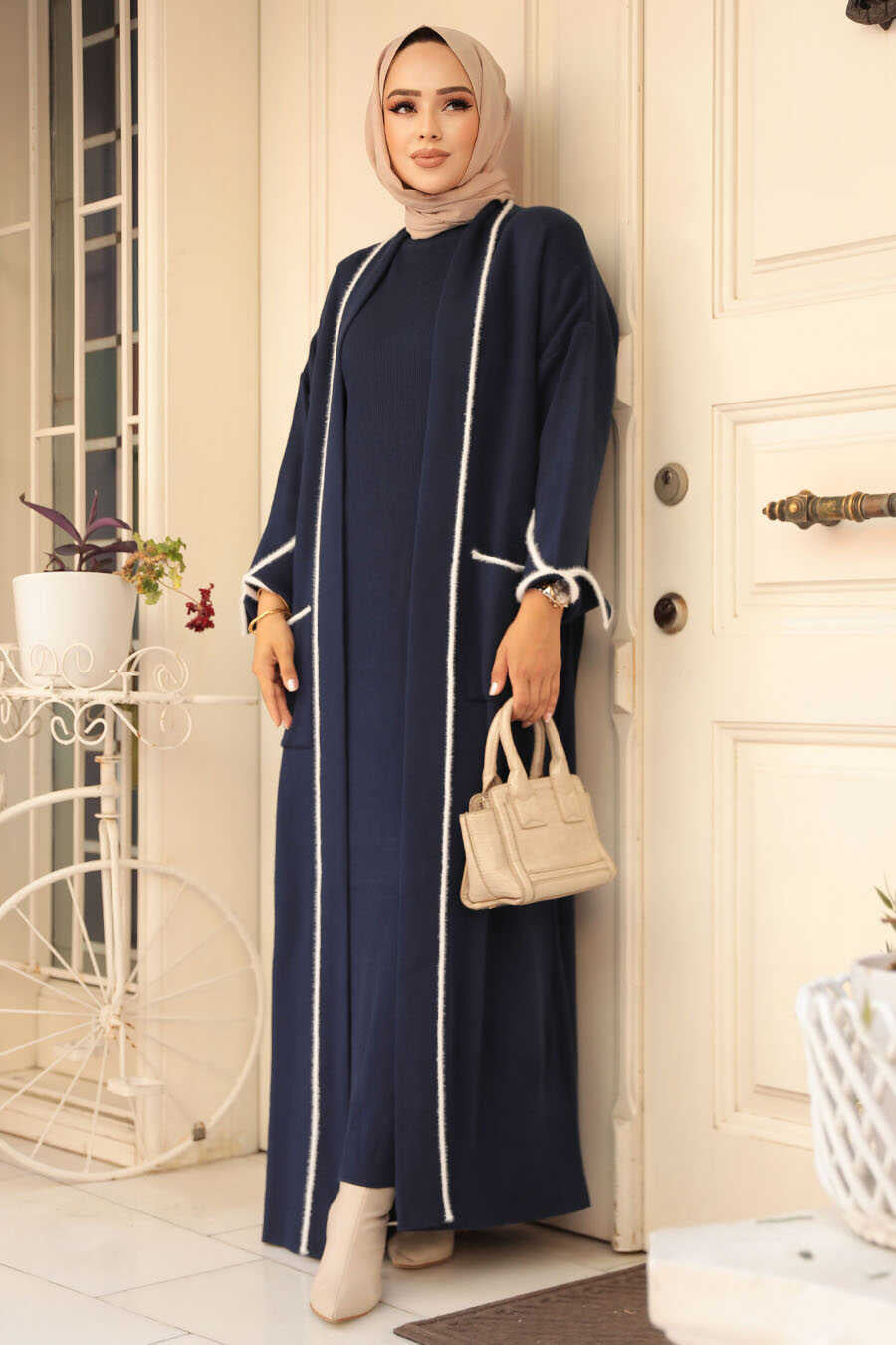 Navy Sweater Dress Abaya Set - One Size S-XL