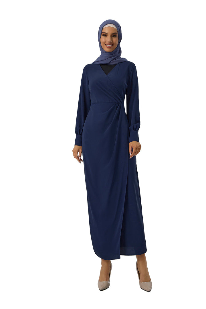 Navy Wrap Maxi Dress with Criss Cross Neckline and Hijab, perfect for modest fashion