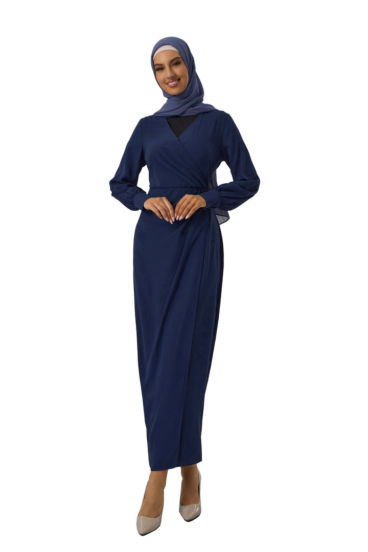 Navy Wrap Maxi Dress with Criss Cross Neckline and Hijab for Modest Fashion Clearance