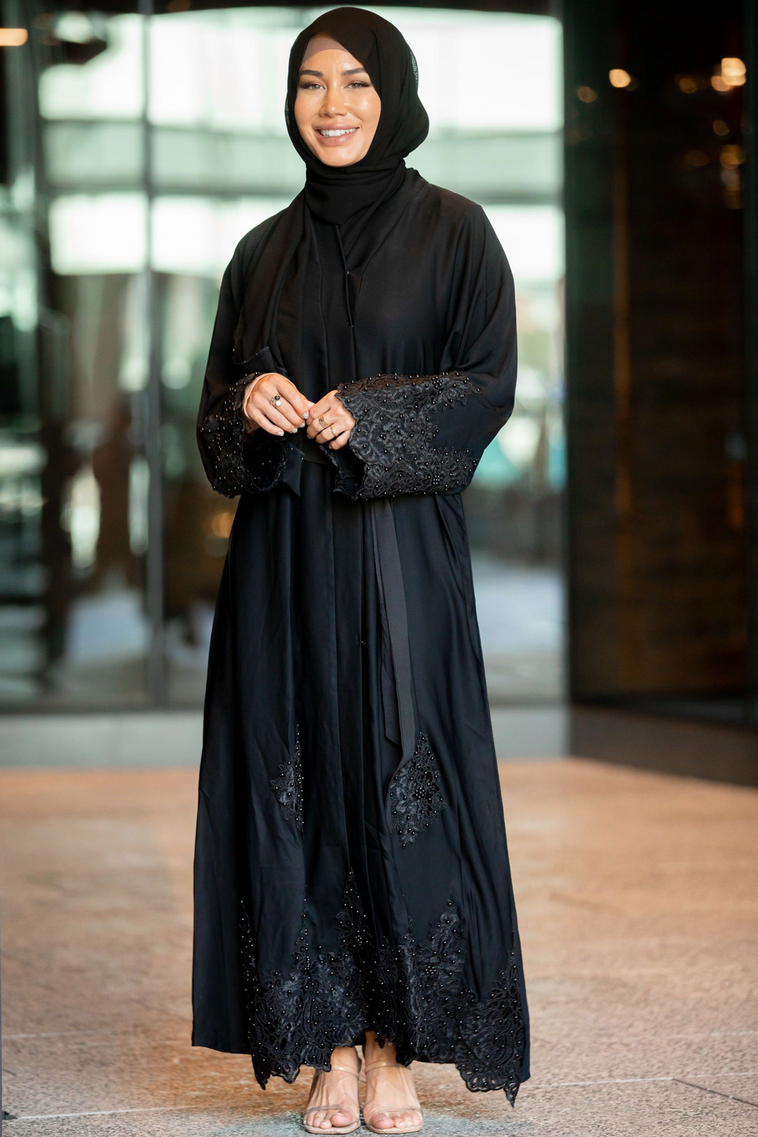 Elegant Nawal Black Lace and Pearls Open Front Abaya in nida fabric with lace detailing