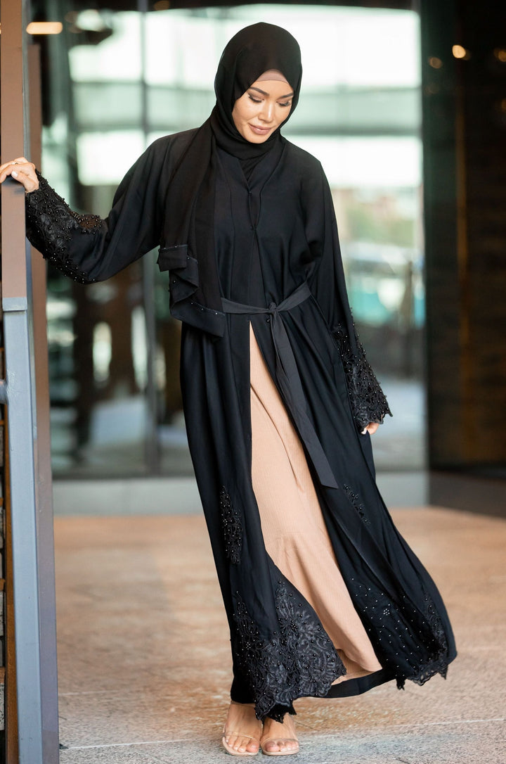 Elegant Nawal Black Lace and Pearls Open Front Abaya in Nida fabric with lace detailing