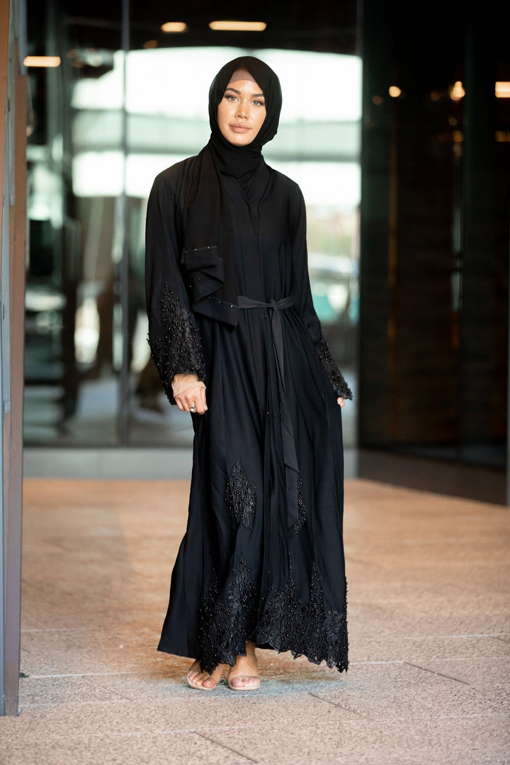 Elegant Nawal Black Lace and Pearls Open Front Abaya in nida fabric with lace detailing