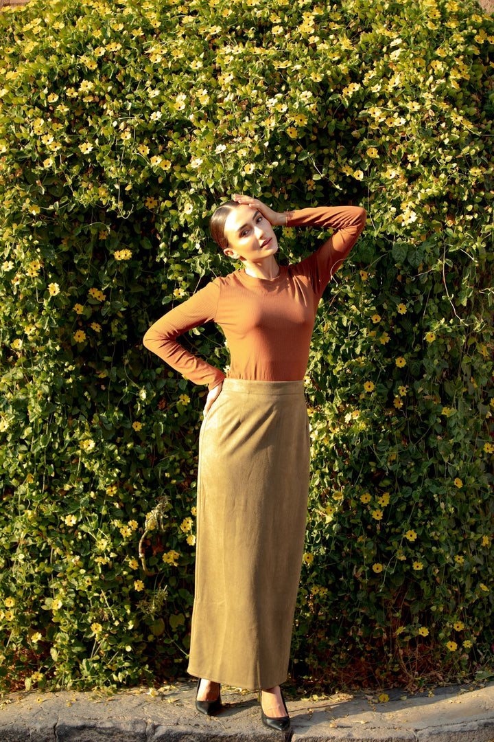 Woman in brown top with Olive Green Suede Pencil Maxi Skirt for clearance sale