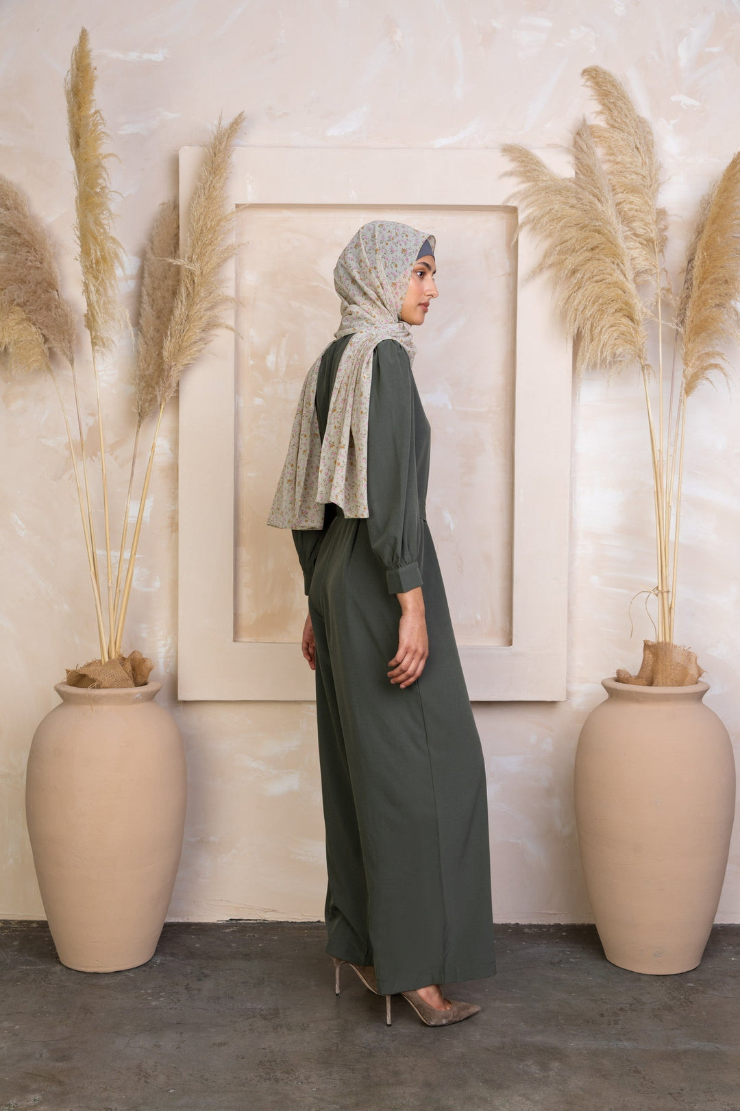 Olive green modest jumpsuit featuring long sleeves from Olive Lattice collection