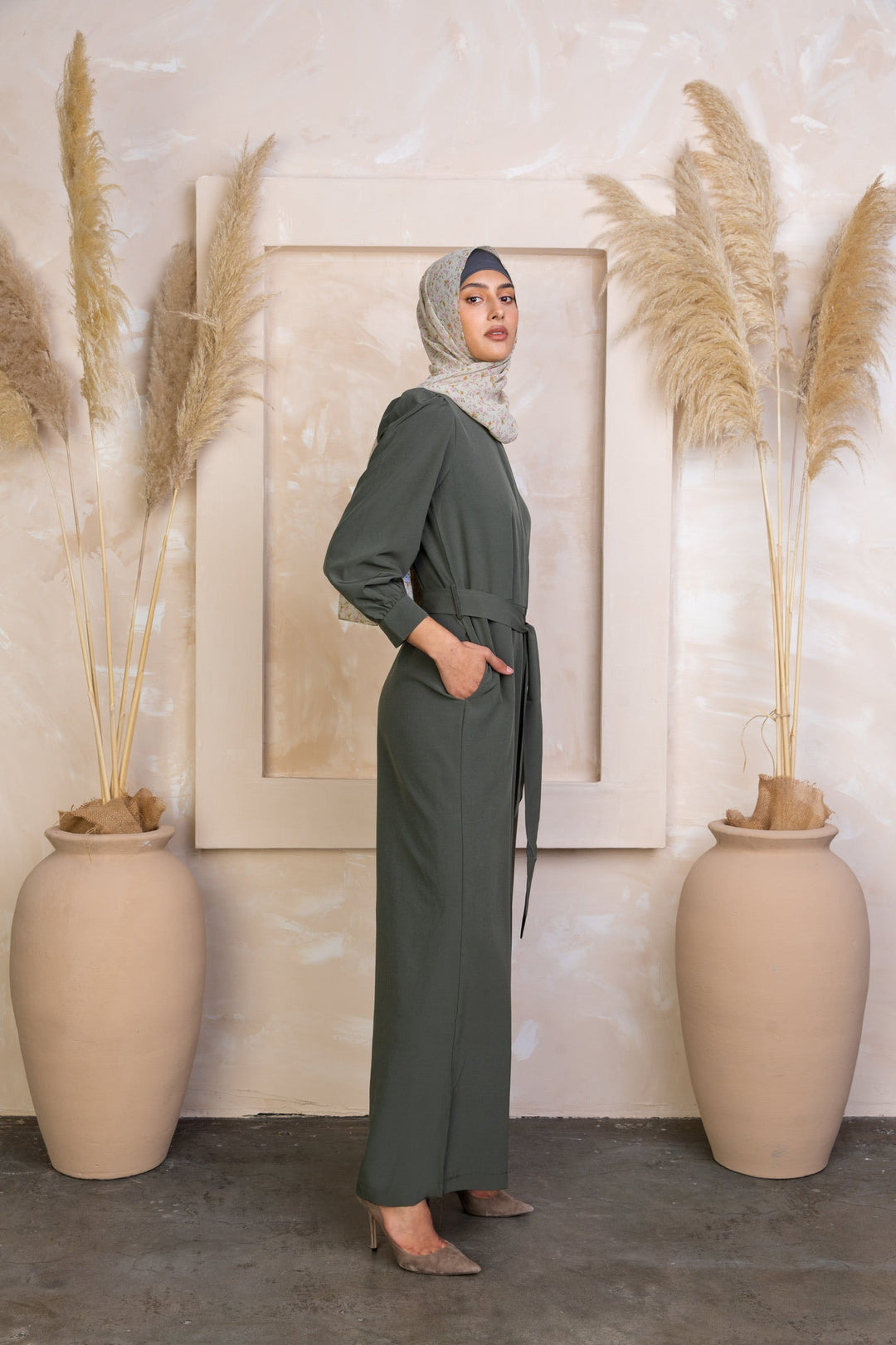 Olive Lattice Long Sleeve Jumpsuit-CLEARANCE