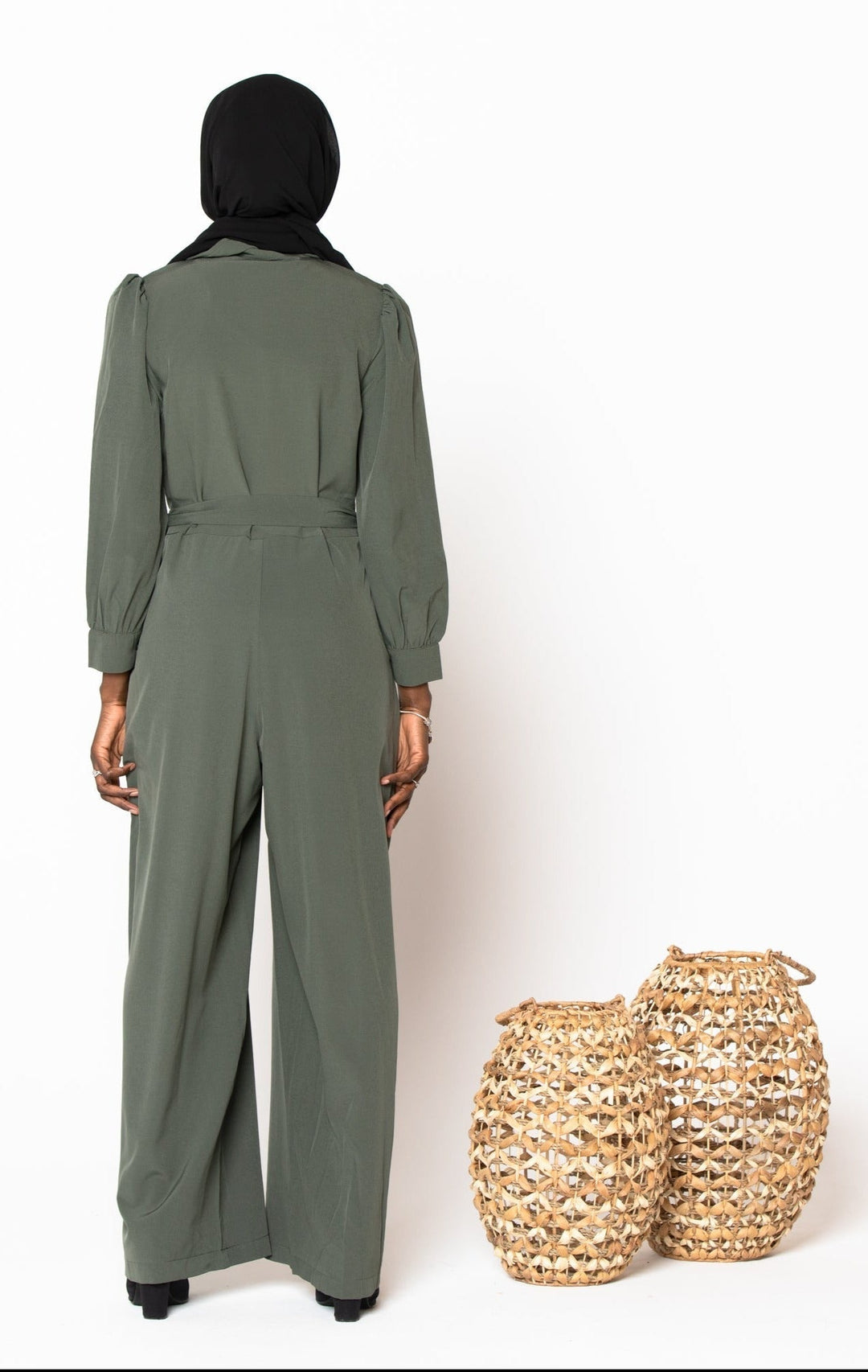 Olive green long sleeve jumpsuit from Olive Lattice collection on clearance sale