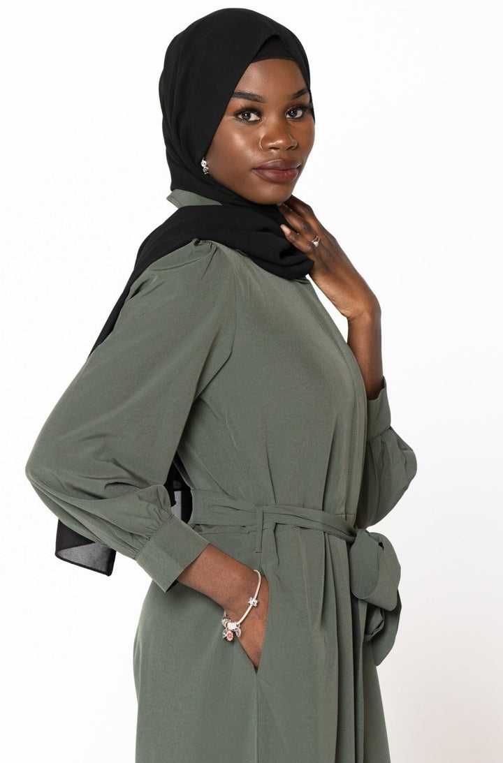 Olive green maxi dress with black hijab featured in Olive Lattice Long Sleeve Jumpsuit