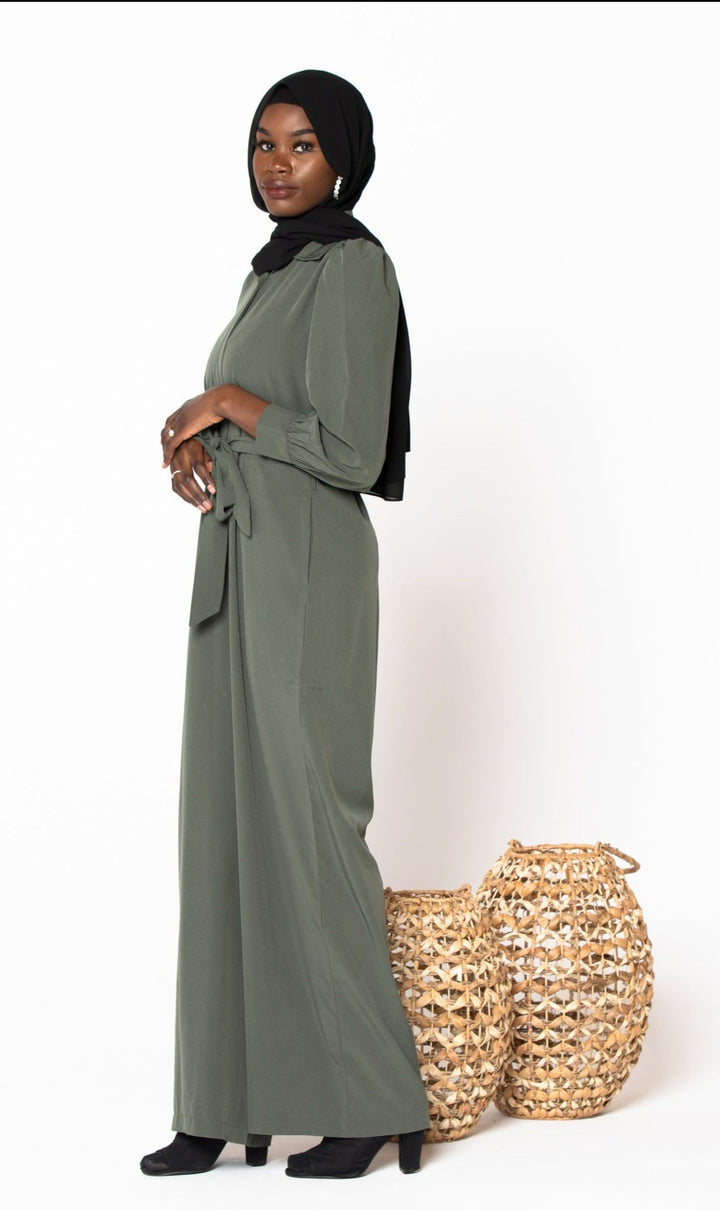 Olive green jumpsuit with tie waist featured in Olive Lattice Long Sleeve Jumpsuit-CLEARANCE