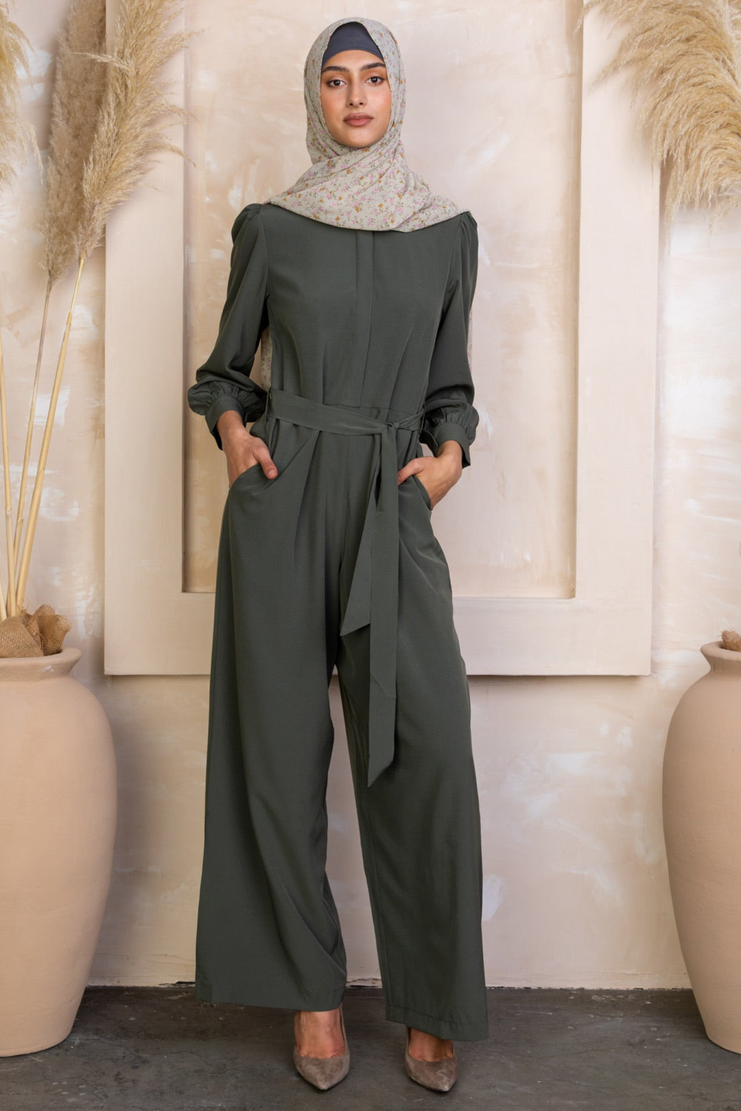 Olive green long sleeve jumpsuit with hijab, stylish and comfortable for modern wear