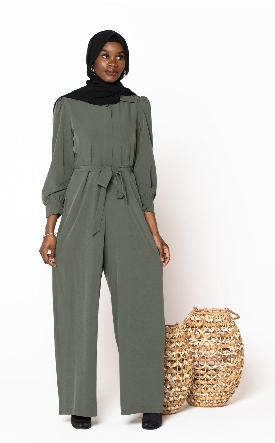 Olive green jumpsuit with tie waist from Olive Lattice Long Sleeve Jumpsuit-CLEARANCE