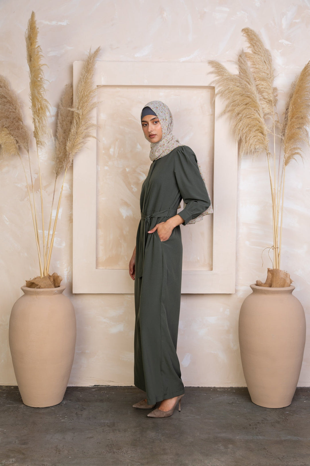 Olive Lattice Long Sleeve Jumpsuit-CLEARANCE