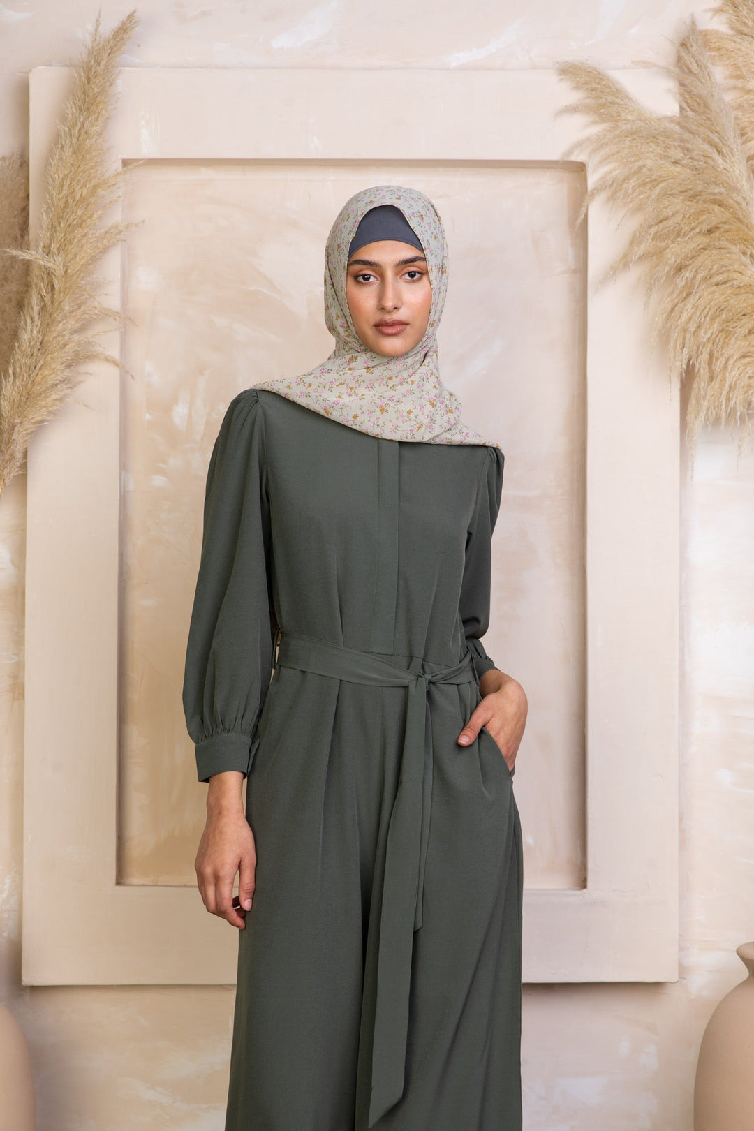 Olive Lattice Long Sleeve Jumpsuit with hijab perfect for stylish and modest wear